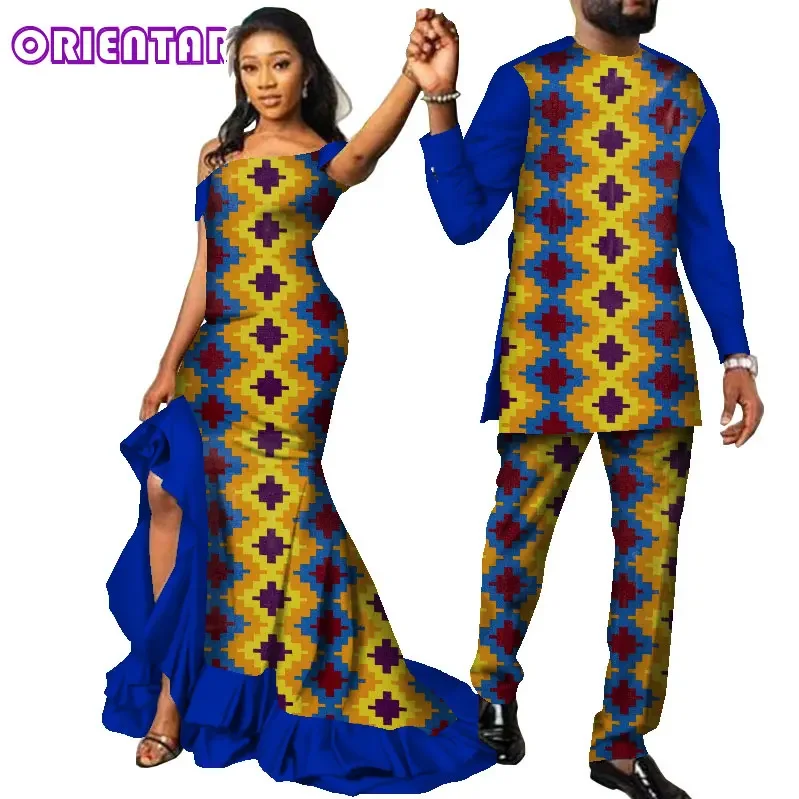 African Clothes for Couples African Print Long Dress for Women African Suits Set for Men Bazin Riche Couple Clothing WYQ567