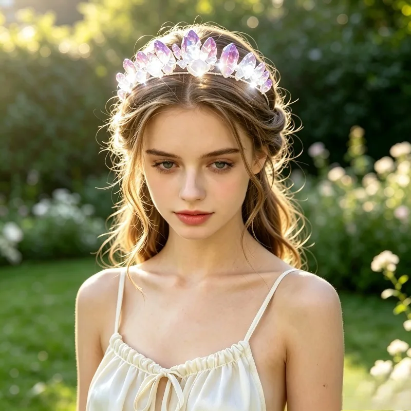 Elven Boho Spiritual Crystal Tiara  Natural Pink Amethyst Quartz Cluster LED Warm White Glow Adj Bridal Rave Festival Photoshoot