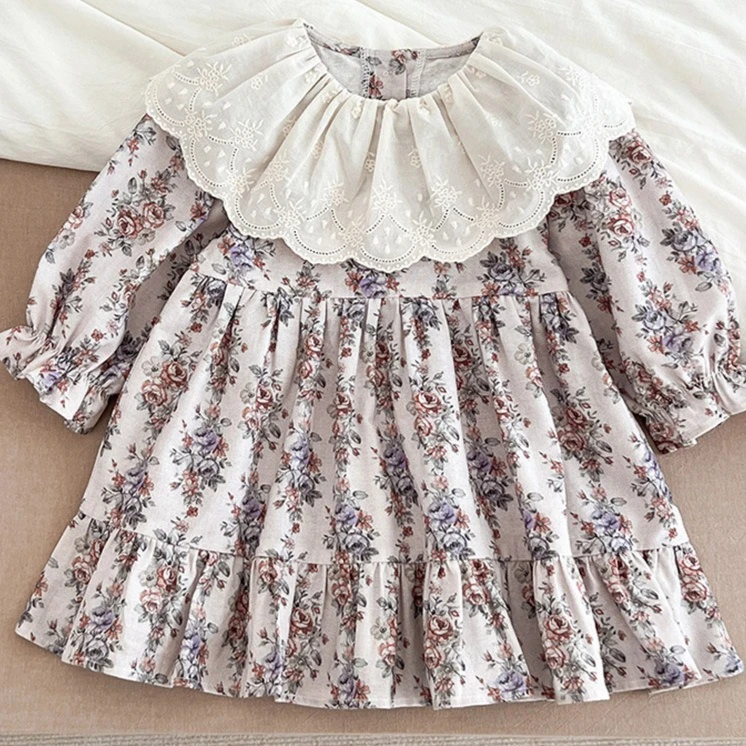 Meninas saia 2025 primavera e outono novas roupas infantis meninas bebê moda mori flor boneca colarinho vestido casual simples