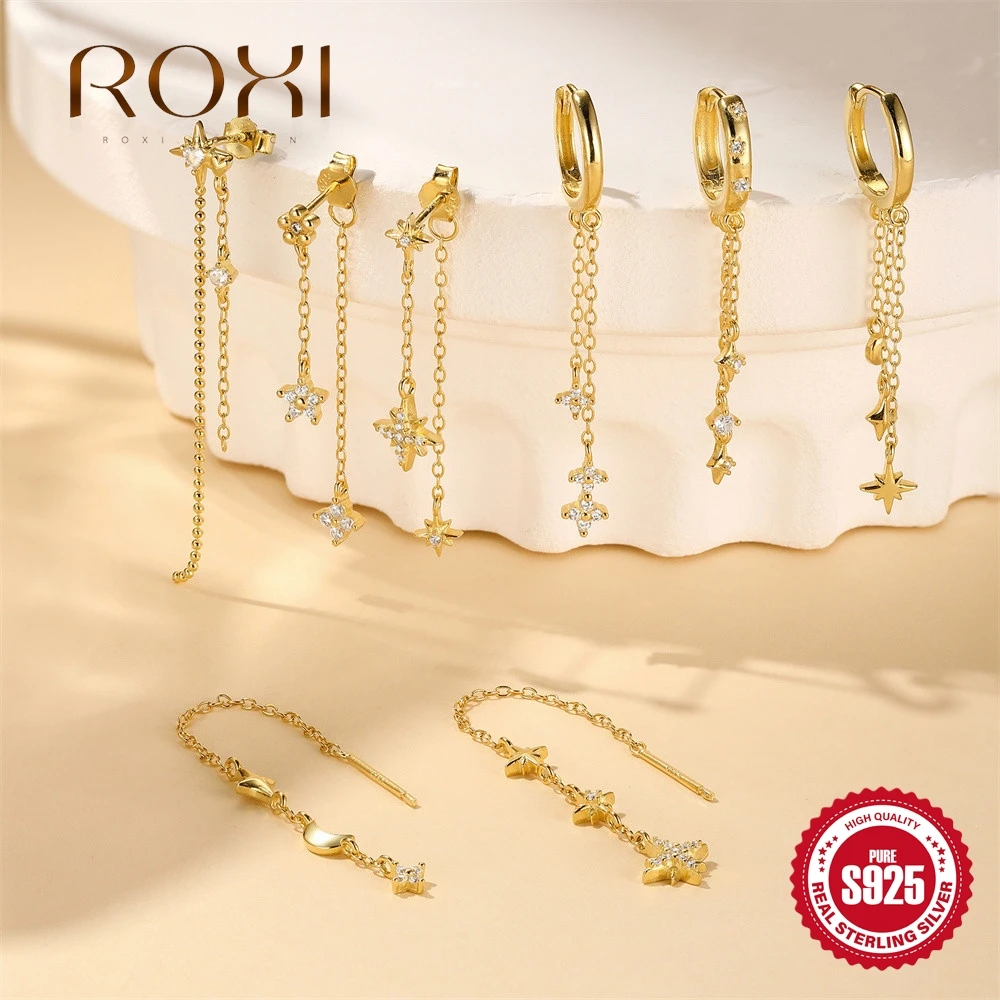 

ROXI 925 Sterling Silver Star Moon Long Chain Tassel Piercing Earrings For Women Classic Fine Jewelry Accessories