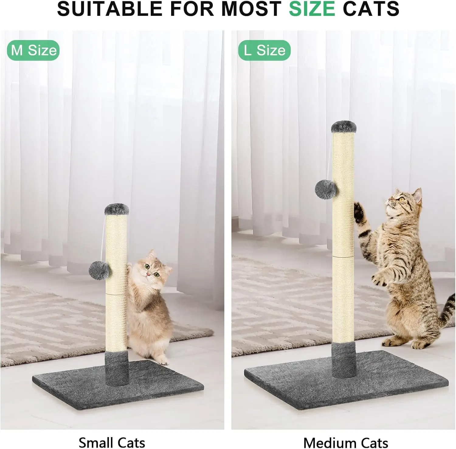 

Cat scratch pole tree, suitable for small and large cats, with a vertical cat scratch pole with a sisal rope and a hanging ball