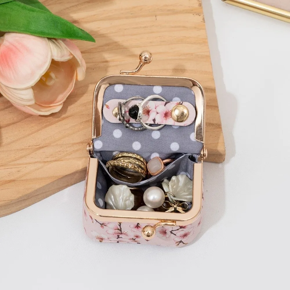 Vintage Kiss Lock Closure Jewelry Box PU Leather Mini Coin Purse Floral Print Leopard Print Portable Jewelry Case Girl Women