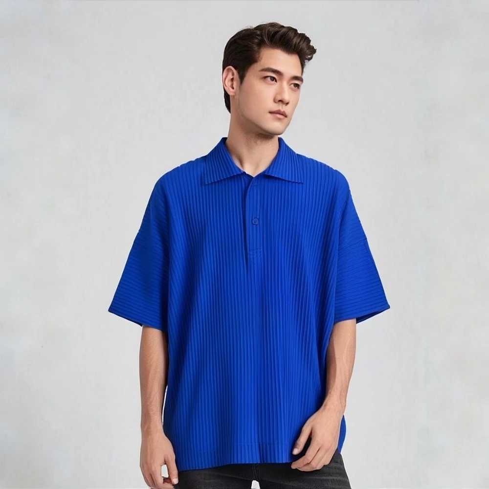 

Miyake Pleated New 2025 Men's Pleated Polo Shirt Short Sleeved Spring and Summer Lapel Button Side Fork Pleated T-shirt Top