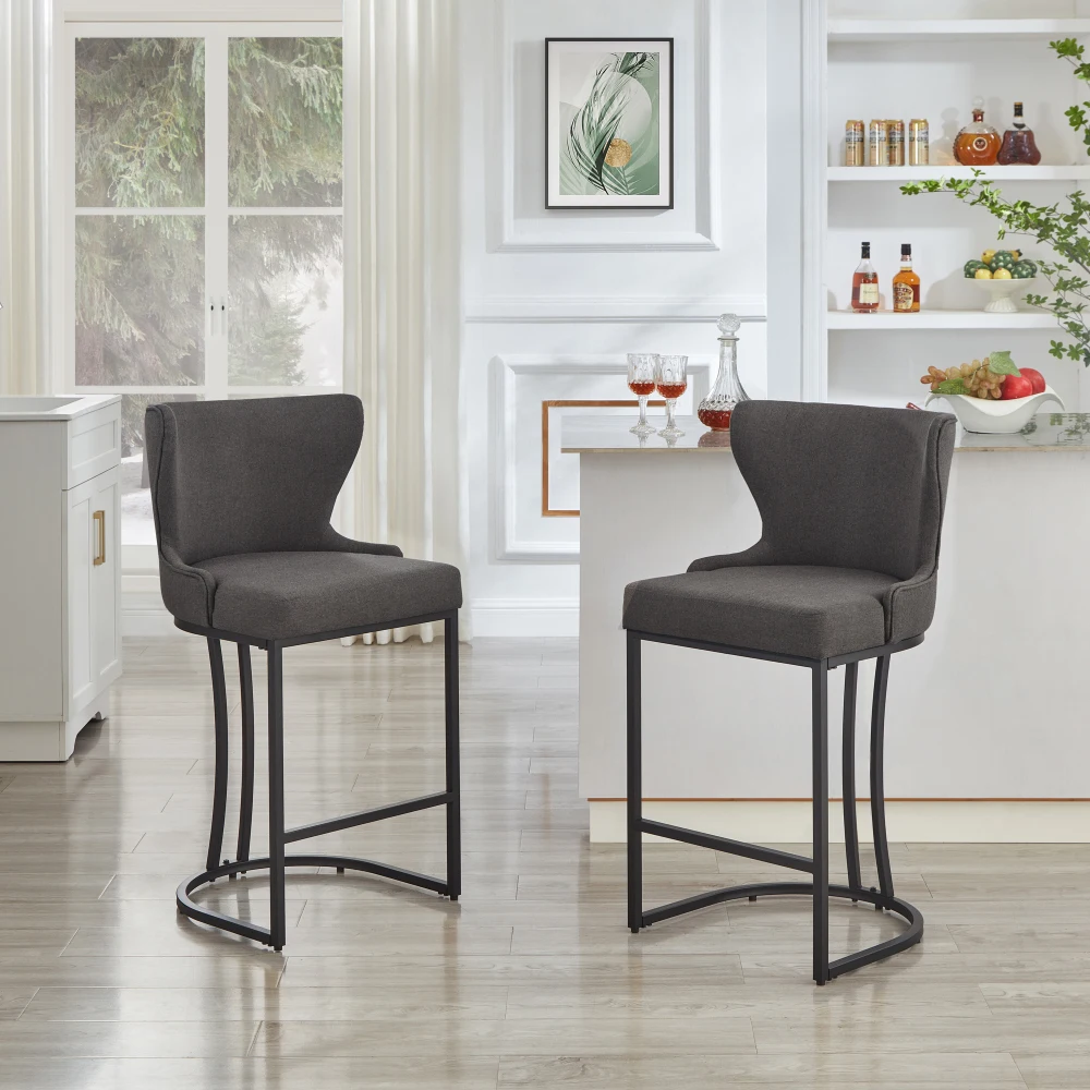 

Modern Fashion Counter Height Stool With Shell Shape Back And Sturdy Iron Legs, Set of 2 Stylish Bar Chairs, Dark Gray/Gold