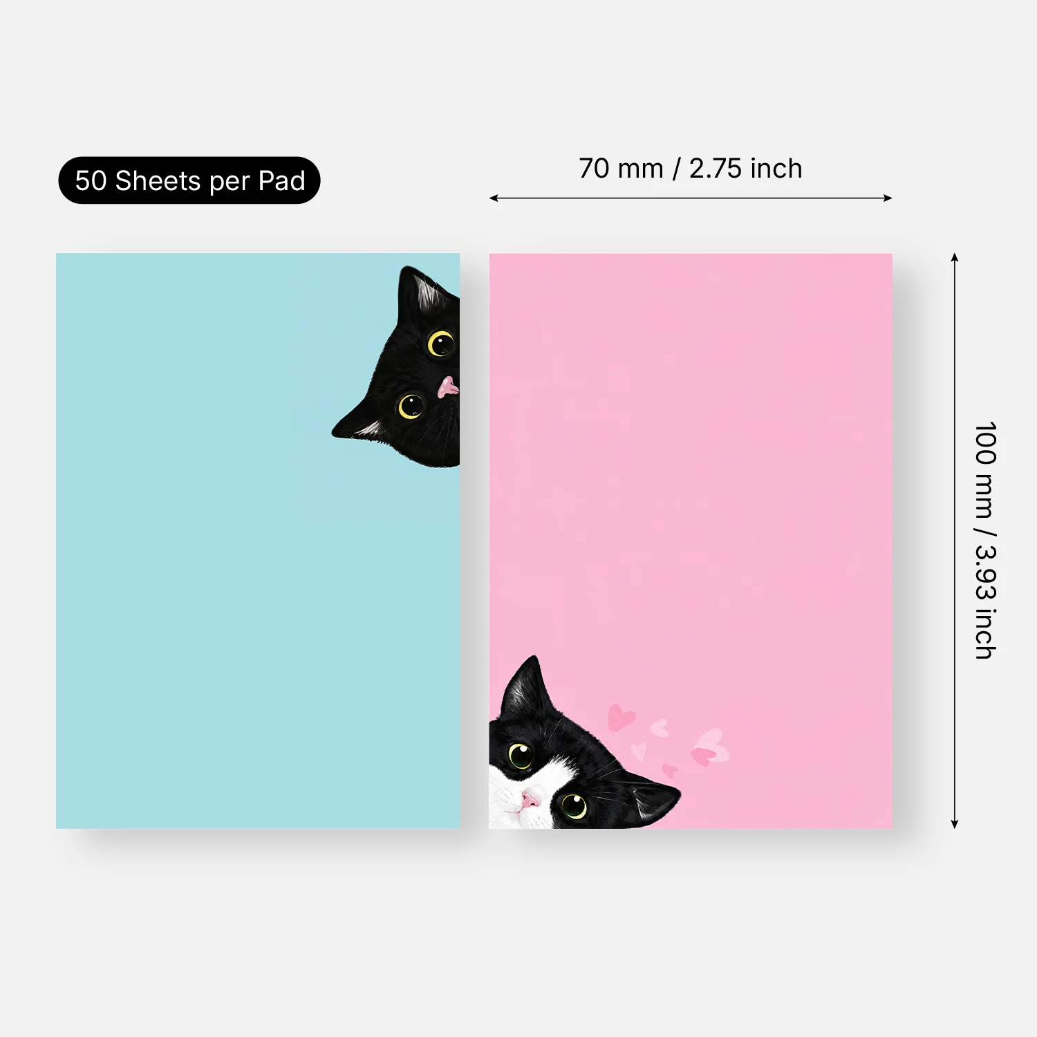 2Pcs Cat Sticky Notes, 100 Sheets Cute Black Cat Self Stick Memo Pads, Pastel Blue Pink Rectangular Notepad with Removable