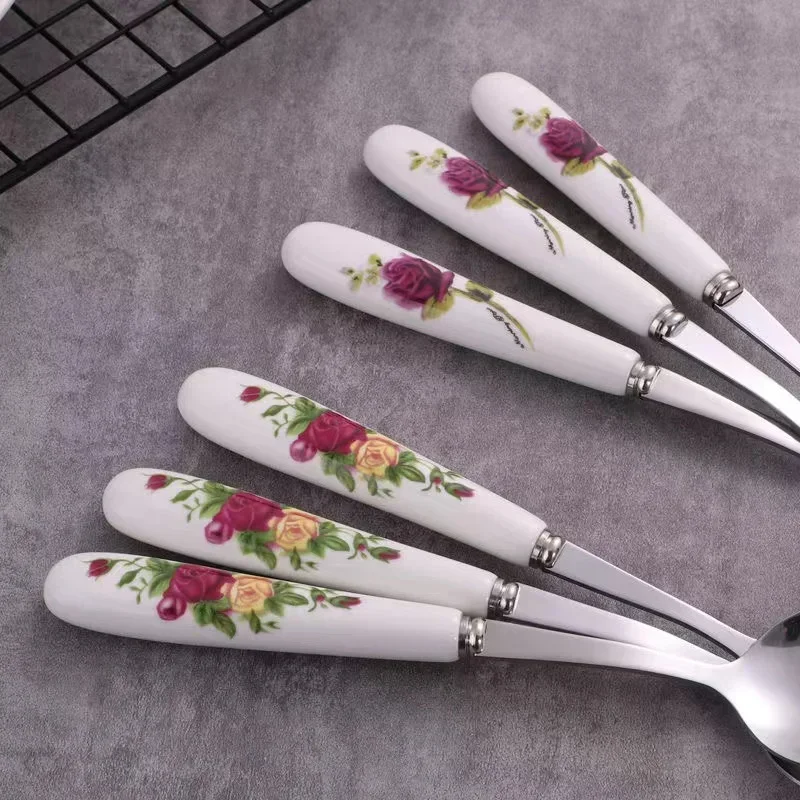 6Pcs/Set Stainless Steel Ceramic Handle Tea Spoon Creative Coffee Spoon Honey Dessert Ice Cream Spoon Small Teaspoon 18*2.5cm