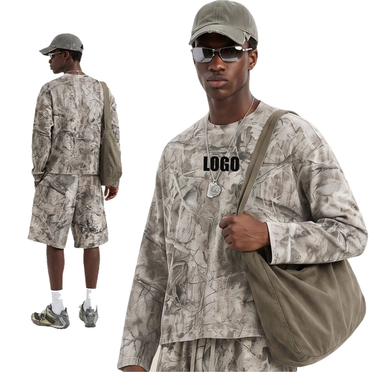 Custom LOGO Men's European & American 2026 Autumn 260G Cotton Polyester Branch Camouflage Waffle Print Long Sleeve Loose T-Shirt