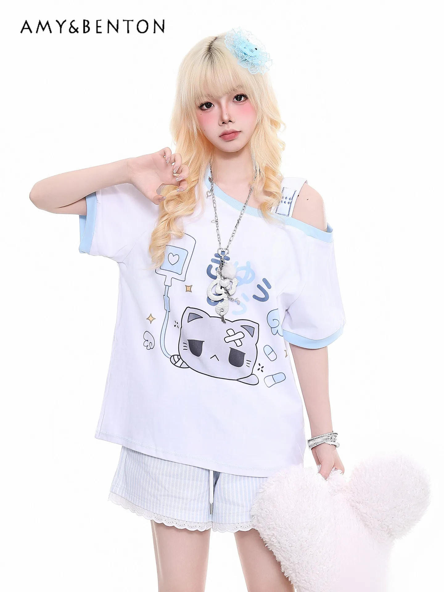 

Summer New Japanese-style Cute Soft Women's Cartoon Print Loose Casual Off-shoulder Diagonal Collar White Short-sleeve T-shirt