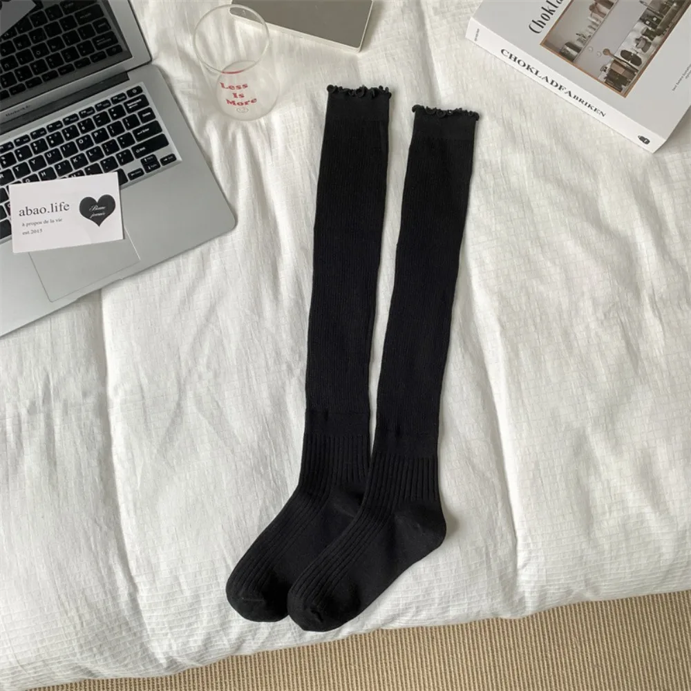

Harajuku Lolita Ruffles Long Stacked Socks Warm Solid Color Knee High Socks Vertical Striped Over Knee Stockings Autumn Winter