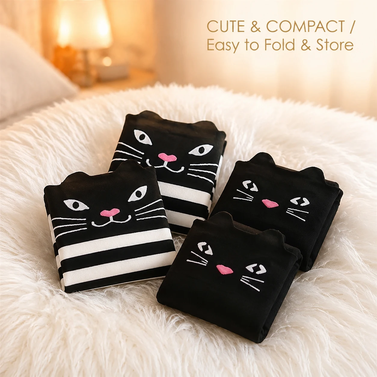 2 Pairs Girls Knee High Socks Cute Cat Pattern Flat Knit Striped Solid Color Elastic Daily Socks All Season for Kids 2‑12Y