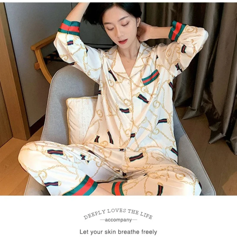 Women Plus Size Pajamas Silk Long Sleeve School Loungewear Two-Piece Fashion Webbing Chain Pattern Trouser Set Sexy Sleepwear image 6