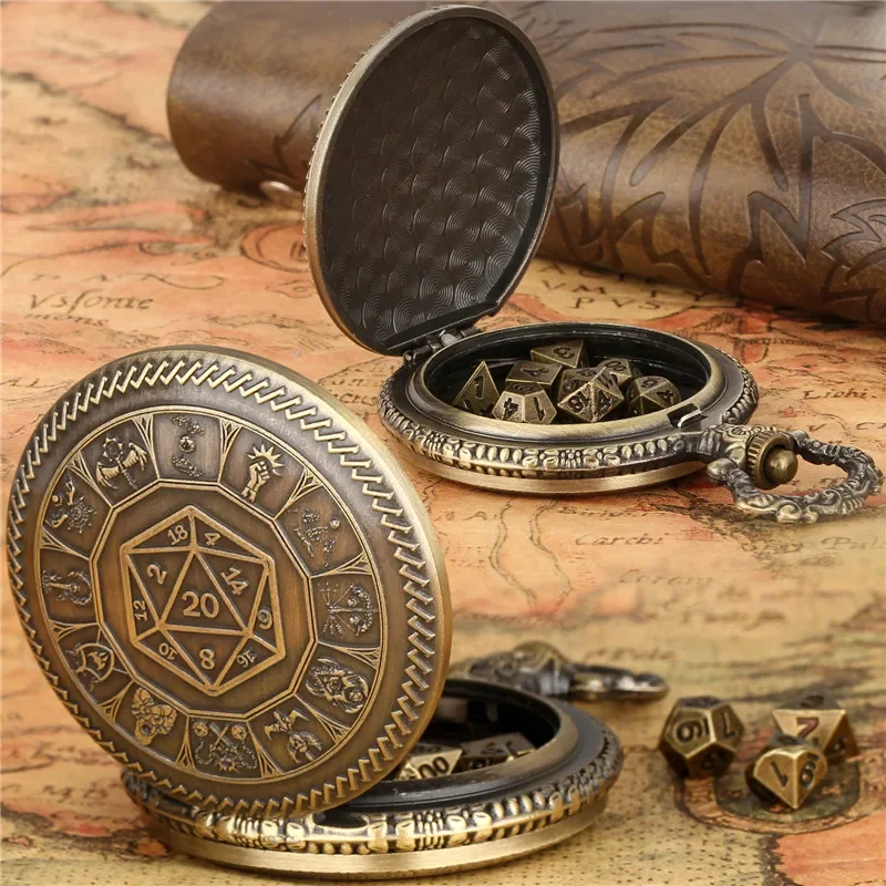 7pcs Metal Polyhedral Dice Set Bronze Pocket Watch Case with FOB Chain Entertainment Dices for Table Role Play Gaming