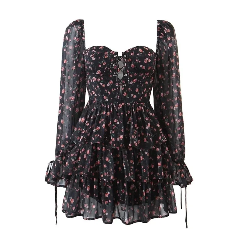 

Vintage Floral Print Dress Women 2025 New Summer Chic Chiffon Mini Dress Sexy Semi-Sheer Long Sleeve Layered Ruffle Short Dress