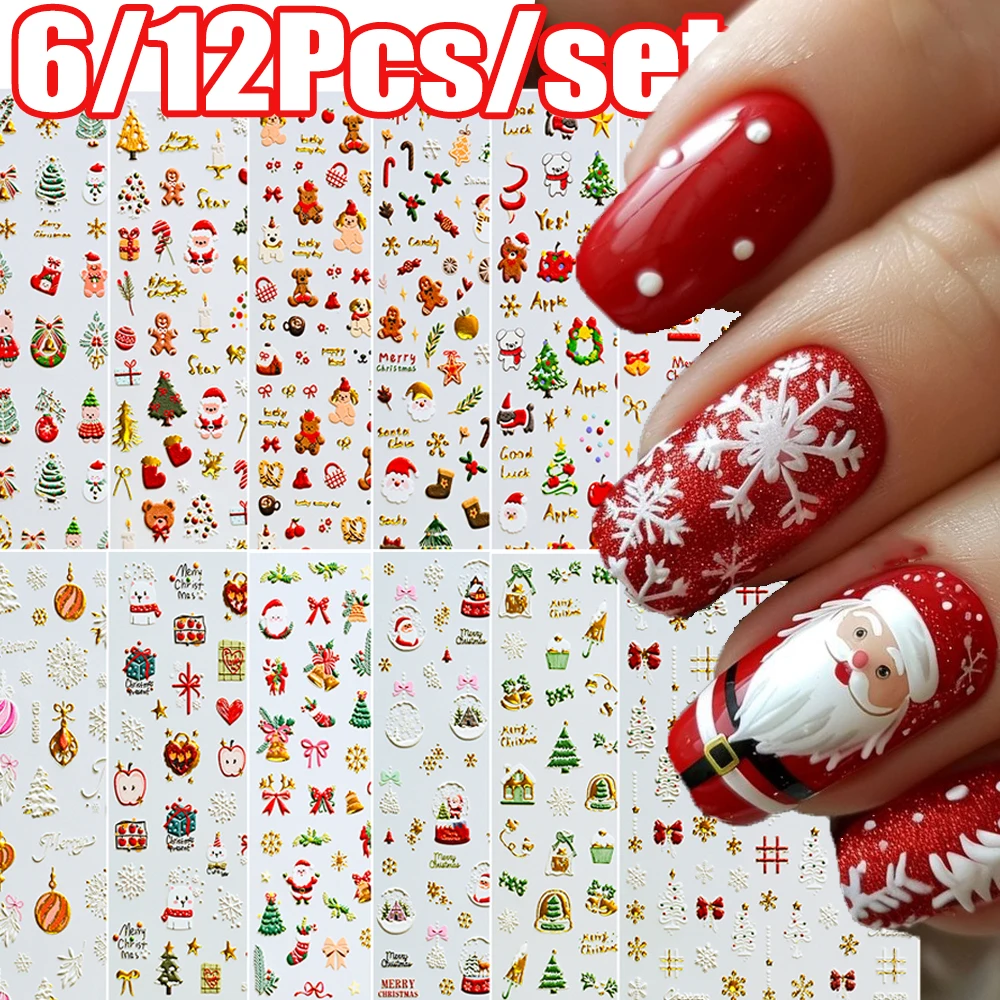 6/12Pcs/kit Christmas Santa Claus/Snowflake/Gingerbread Nail Stickers Cartoon Coloful Xmas Slider Self-adhesive Manicure Decal