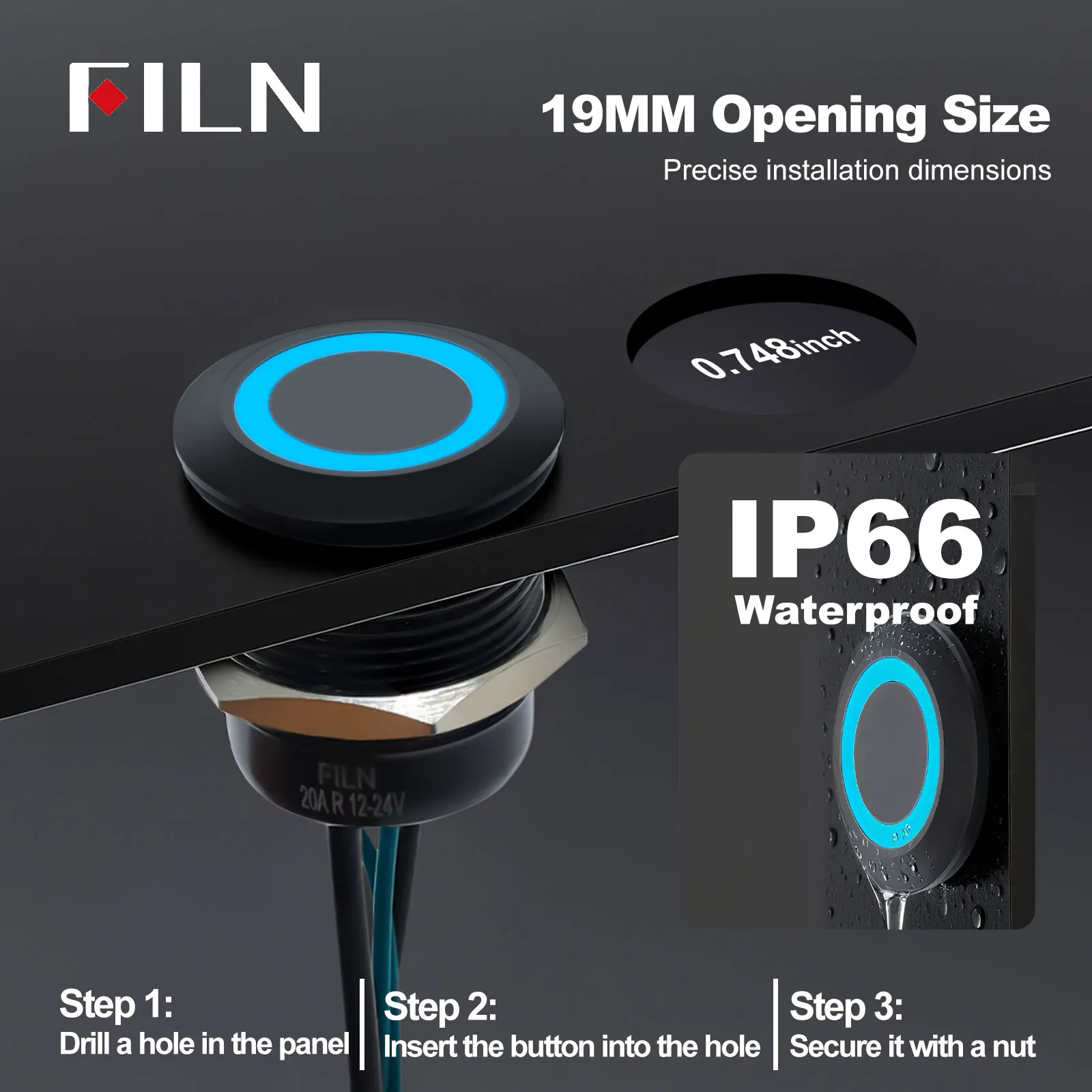 FILN 19mm 20A IP66 Waterproof 12V 24V 110V 220V Flat Ring Round Push Button Switch Black Metal Stainless Steel with 20cm Wire