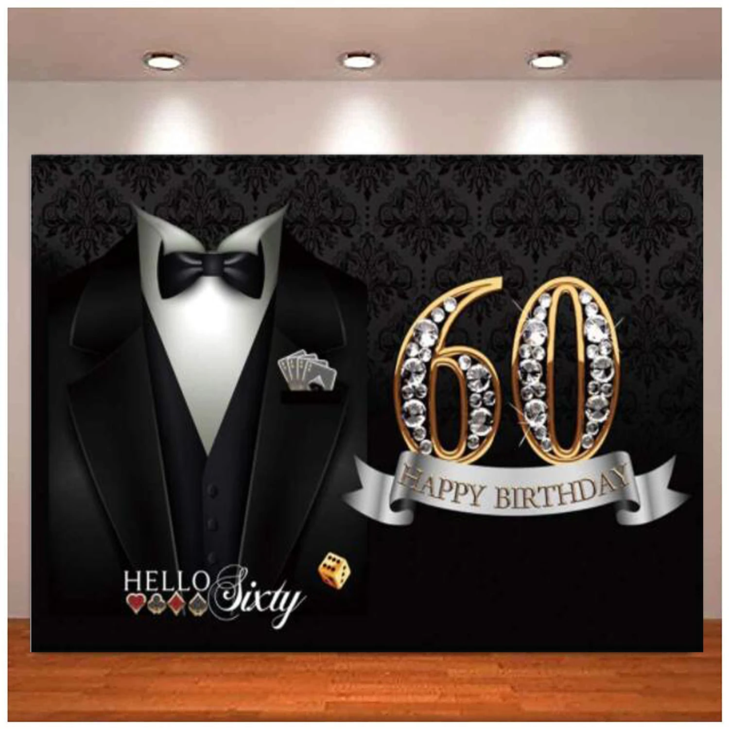 Happy 60th Birthday Party For Men Photography Backdrop Gentleman Tuxedo Suit Bow Tie Casino Token Poker Background Decoration