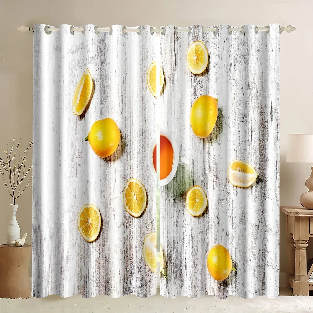 Lemon Window Curtains, Exotic Lemon Tree Leaves Yummy Delicious Kitchen Gardening Design, Lightweight Decor Blackout Curtains