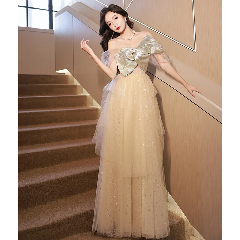 

Champagne Off Shoulder Evening Dress Women Big Bow Bandage Sequin Tulle Homecoming Dresses Exquisite Elegant Prom Gown