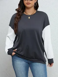 Plus Size 1XL-5XL Women's Long Sleeved Casual Top Spring and Autumn Colored Round Neck Hoodie