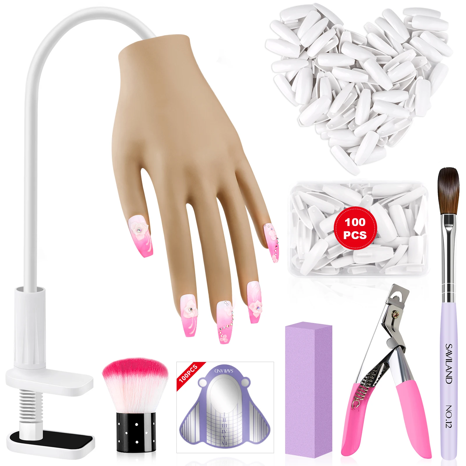 Saviland Nail Training mano finta con punte per unghie da 100 pezzi per unghie acriliche mani in Silicone per praticare il Kit per unghie da allenamento per Manicure