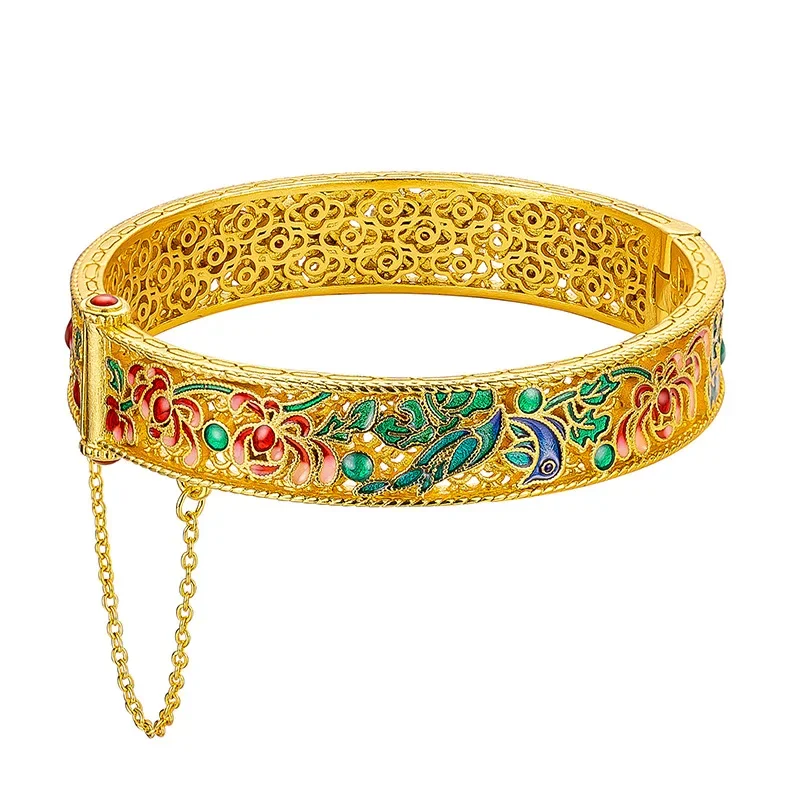 9999 real gold 24K yellow gold Ancient silk hollow flower and bird bracelet senior ladies bracelet