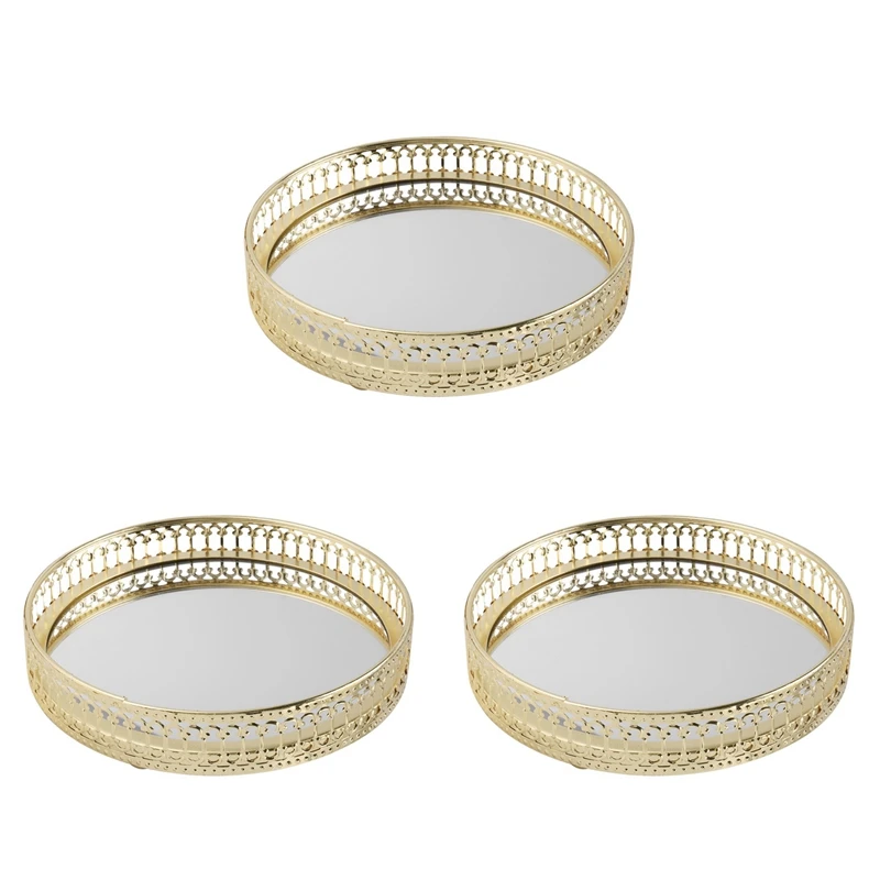 3X Golden Iron Jewelry Storage Tray Glass Mirror Makeup Manager Desktop Cosmetic Dessert Decorative Display Tray 17.5Cm