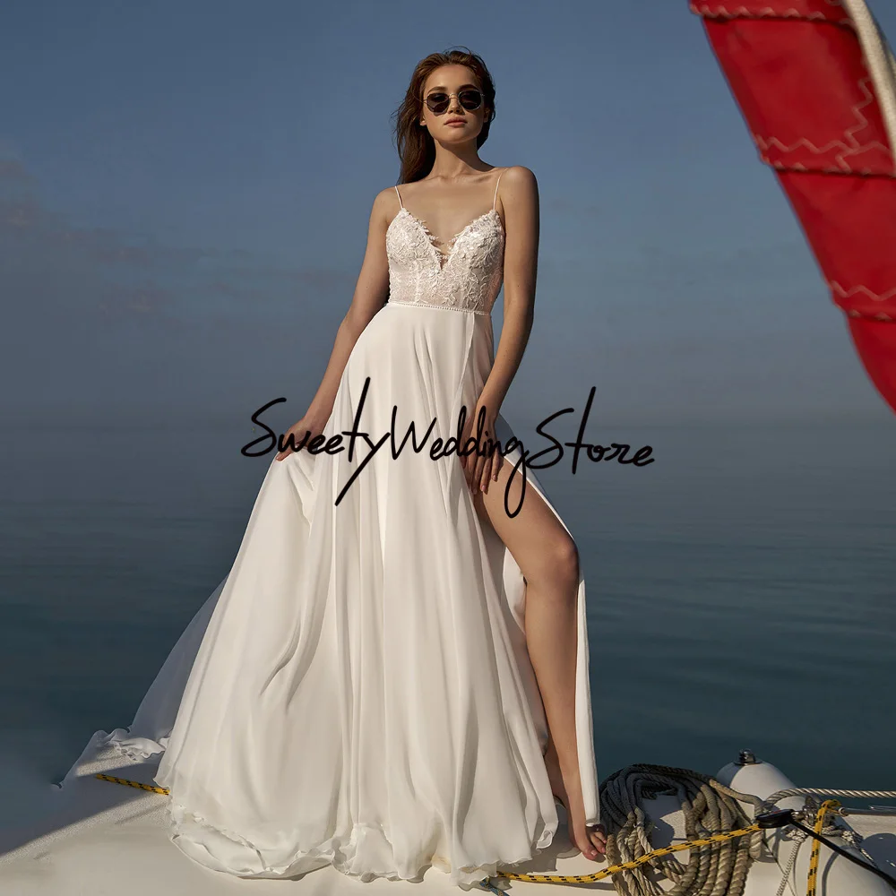 

Sexy Summer Beach Wedding Dress Spaghetti Straps V Neck Applique Backless High Slit Chiffon Boho Bridal Gown Vestido De Noiva