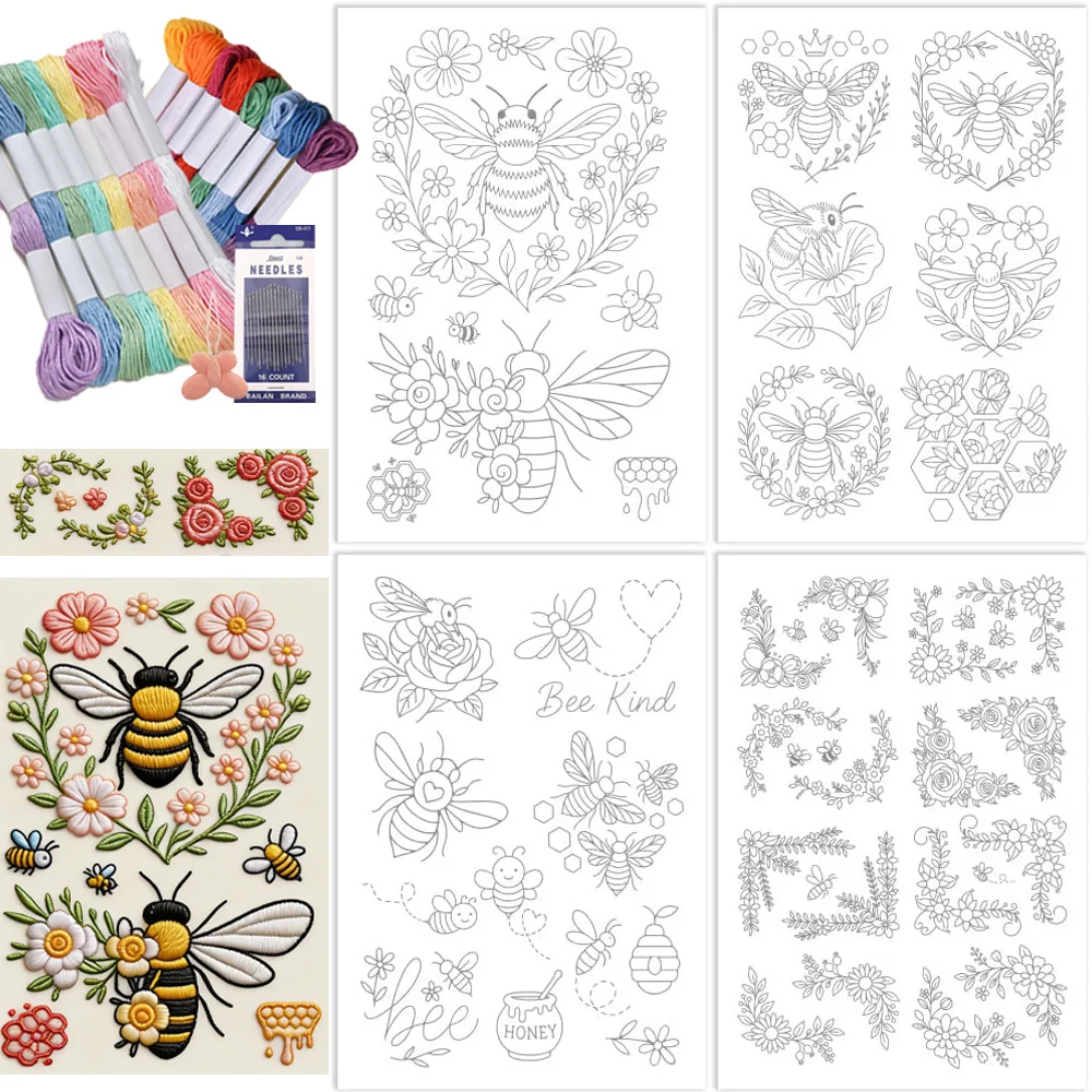 Stick-und-Näh-Stickpapier, wasserlösliche Stabilisatoren mit vorgedruckten Bienen- und Blumendesigns für Anfänger im Handnähen