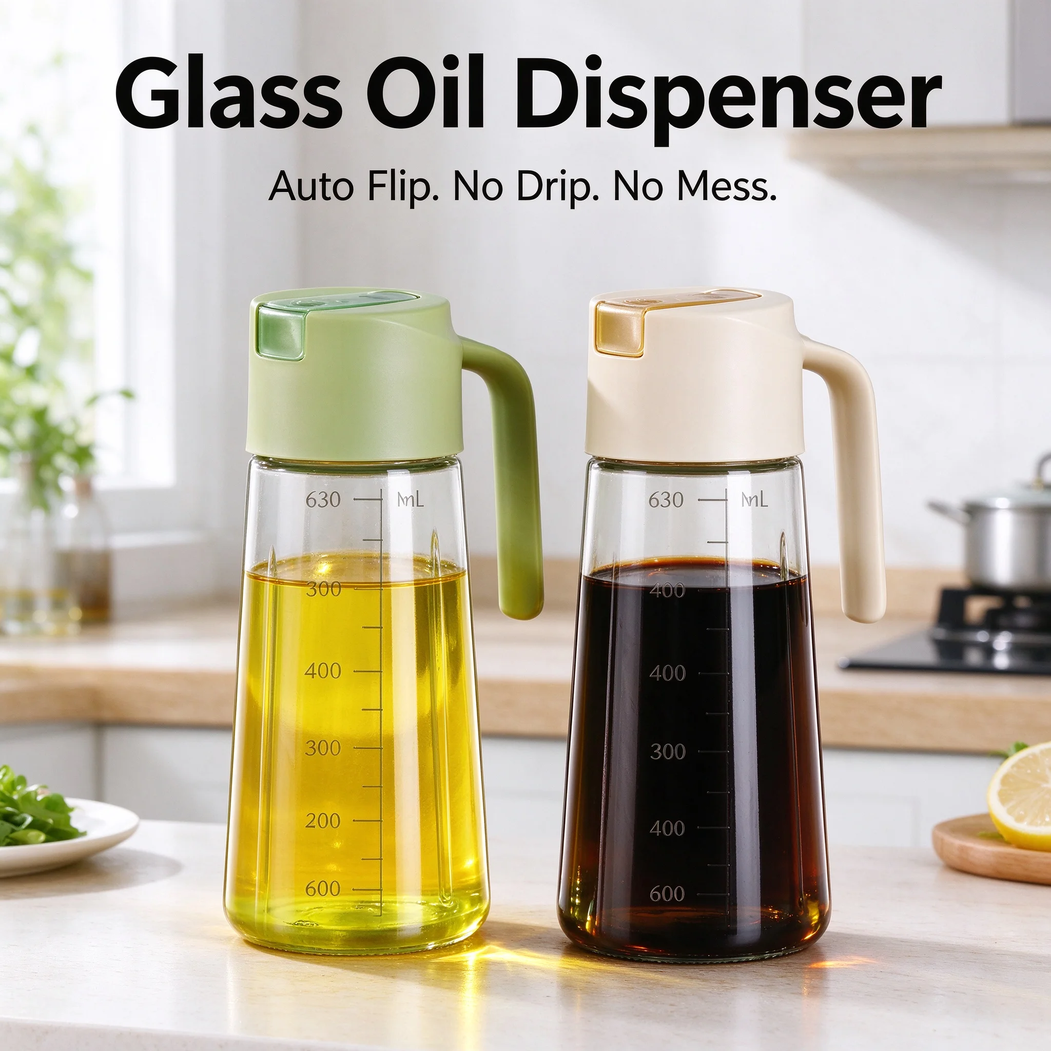 630ml Glass Oil Bottle, Automatic Open/Close Oil Dispenser, No-Drip No-Hang Cooking Oil Vinegar Cruet for Kitchen