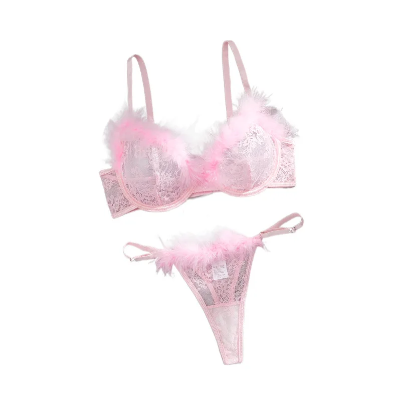 

Romantic lingerie lace plush pure desire steel ring gathering bra set pink