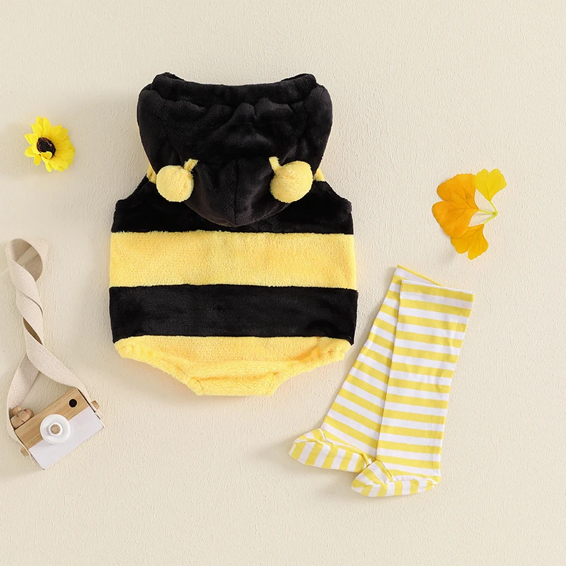 2024-06-24 Lioraitiin 0-24M Baby Bee Costume Sleeveless Hooded Romper Long Socks Set Infant Halloween Costume Newborn Outfit