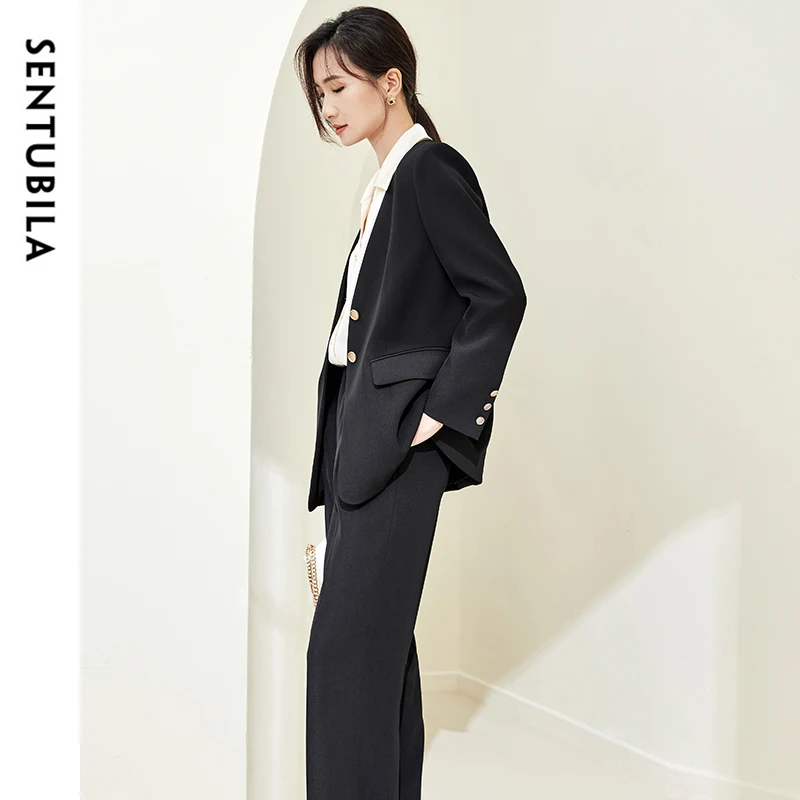 SENTUBILA Women's Two Pieces Sets 2025 Autumn Black V Neck Blazer Wide Leg Pants Office Lady New In Matching Sets 143Z58034X