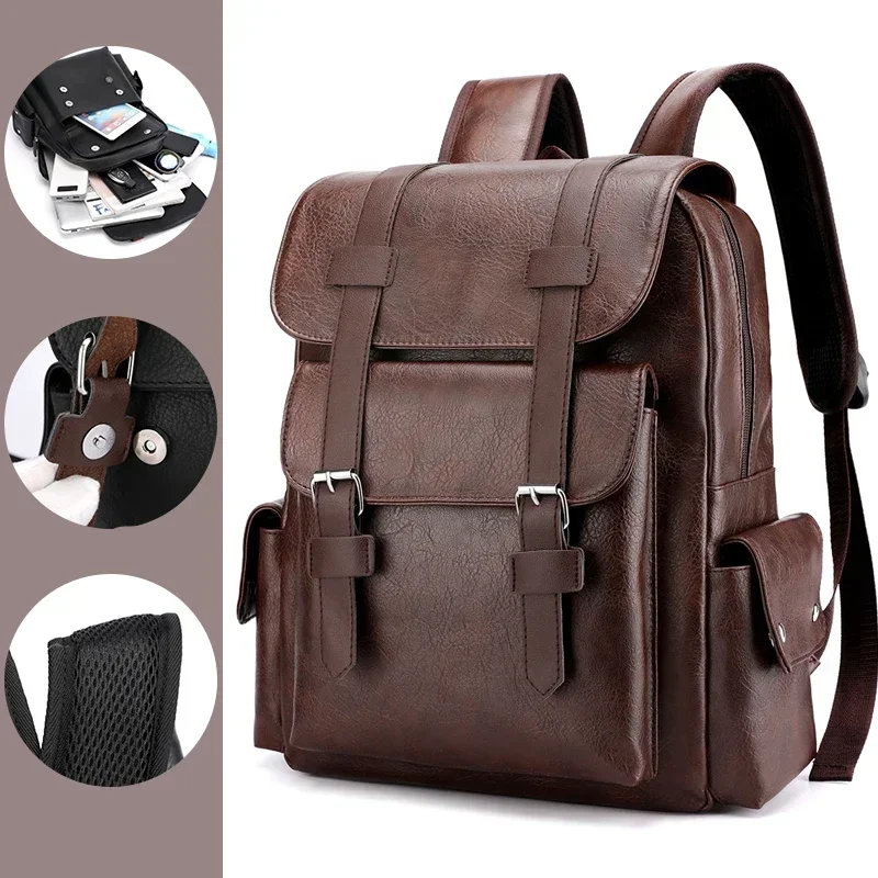 2023 Men Backpack PU Leather Bagpack Large Laptop Backpacks Male Mochilas Black Schoolbag For Teenagers Boys Brown