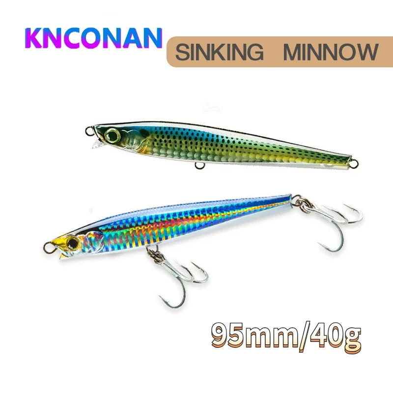 KNCONAN 95mm 40g Heavy Sinking Minnow Fishing Lures Long Shot Casting Artificial Bait for Seabass Trout Saltwate Fishing BASS