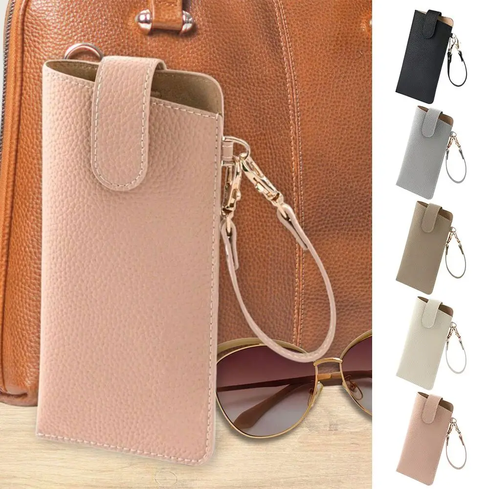 

PU Leather Sunglasses Storage Bag with Lanyard Durable Sunglasses Pouch Porable Solid Color Hanging Sunglasses