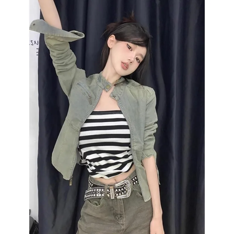 

Spring and autumn new style American retro girlie distressed washed denim jacket Women's fitted short denim jacket