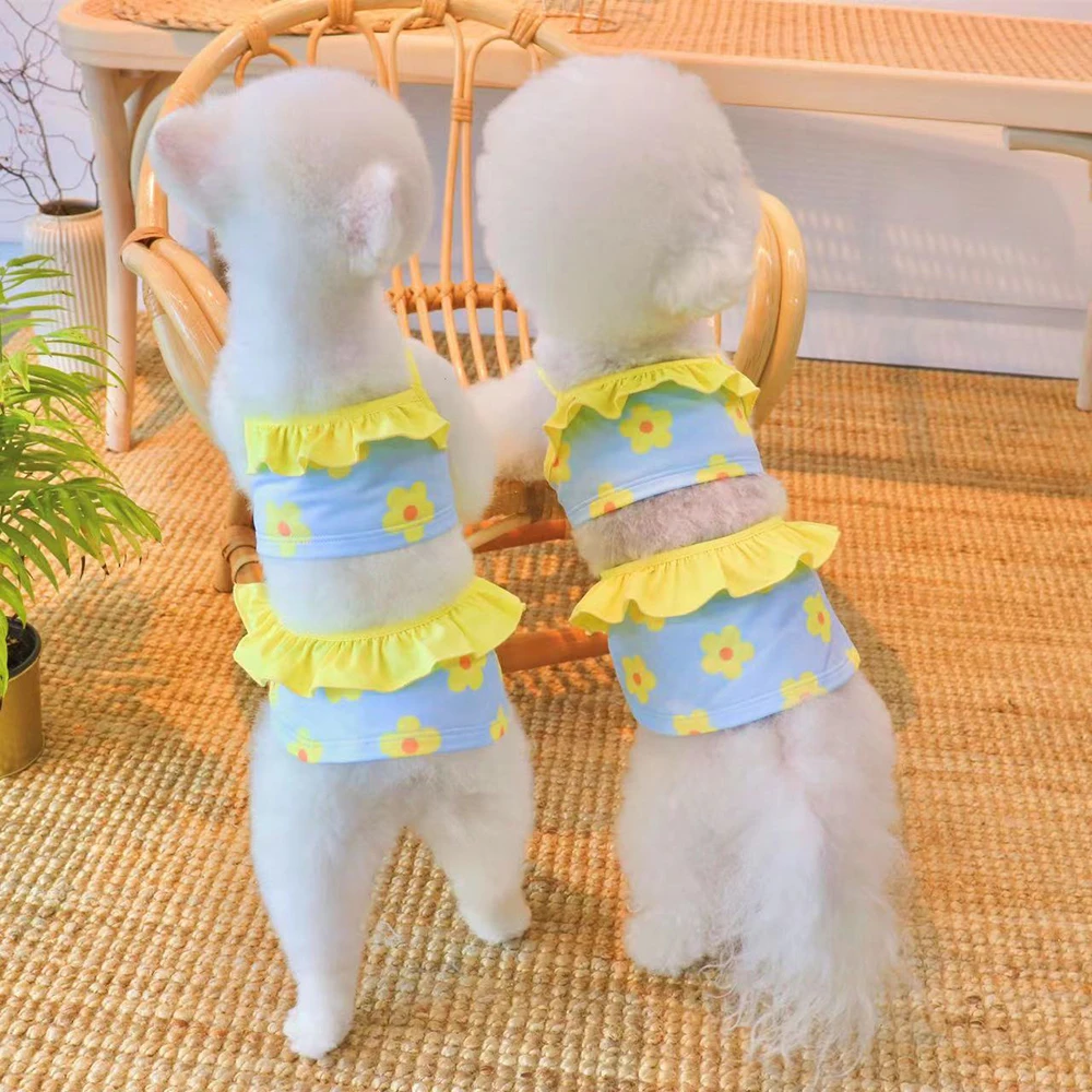 Beach Dress and Cap 2Pcs Set Summer Dog Clothes Cute Print Pet Swimsuit for Small Dogs French Bulldog Schnauzer Costume