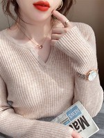 2025 Autumn Winter Women Sweater Solid Rib Knit V Neck Stripe Pull Femme Y2k Long Sleeve Pullover Jersey Tops Fashion Clothes