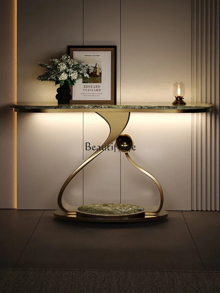 Light luxury rock slab entrance table Modern art stainless steel foyer against the wall strip case end view table