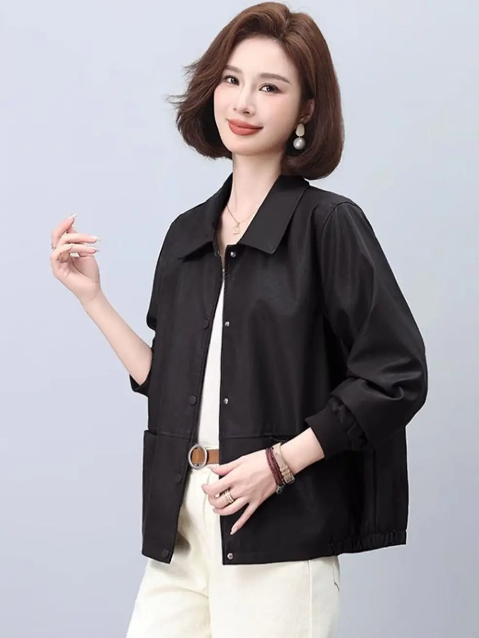 Stylish Large Size Middle-Aged Mom Leather Jacket Casual Loose Fit Turn-down Collar Women's Spring Autumn Versatile Top