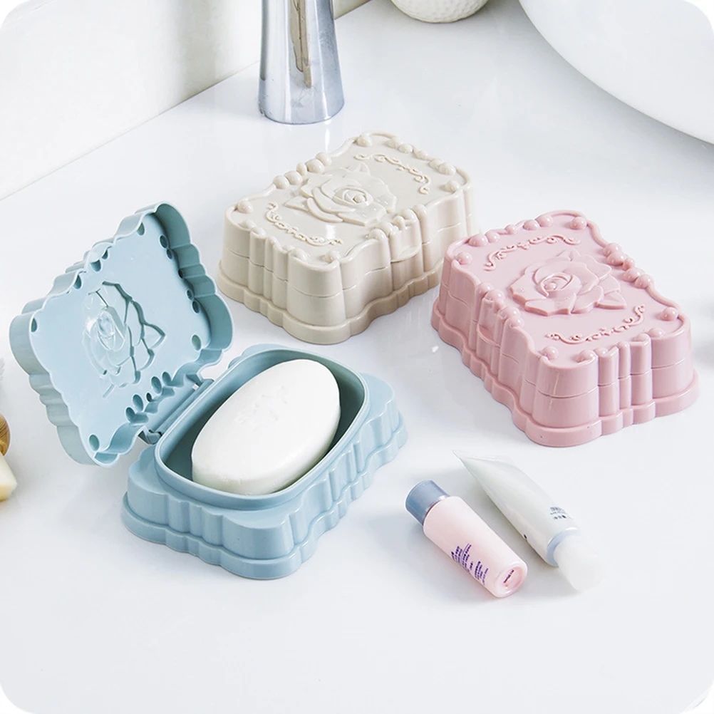 

Waterproof Box Rose Pattern Plastic Soap Holder Bathroom Shower Storage Case Beige Soap Rack Container