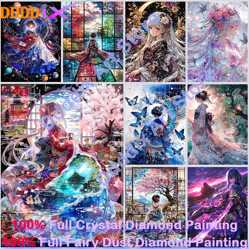 Kimono Girl 100% Fairy Dust Diamond Art Square Full Crystal Cross Stitch Embroidery Kit Printing Cartoon New Arrival Home Decor