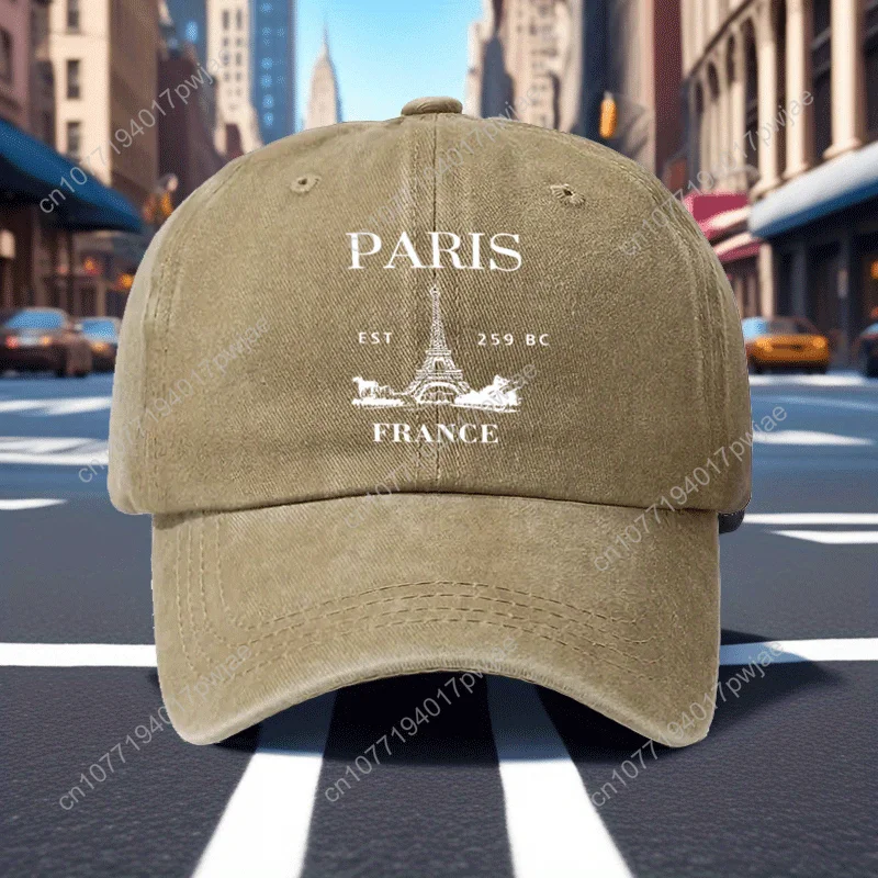 Berretto da baseball lavato con stampa vintage della Torre Eiffel di Parigi da 1 pezzo, cappello da sole morbido con tesa curva casual, berretto sportivo di dimensioni regolabili, Fashi
