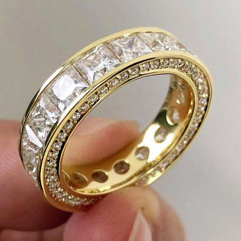 Huitan Prinzessin Quadrat Zirkonia Vollreihige Ringe Weibliche Luxus Gold Farbe Zubehör für Verlobung Braut Hochzeit Band Schmuck