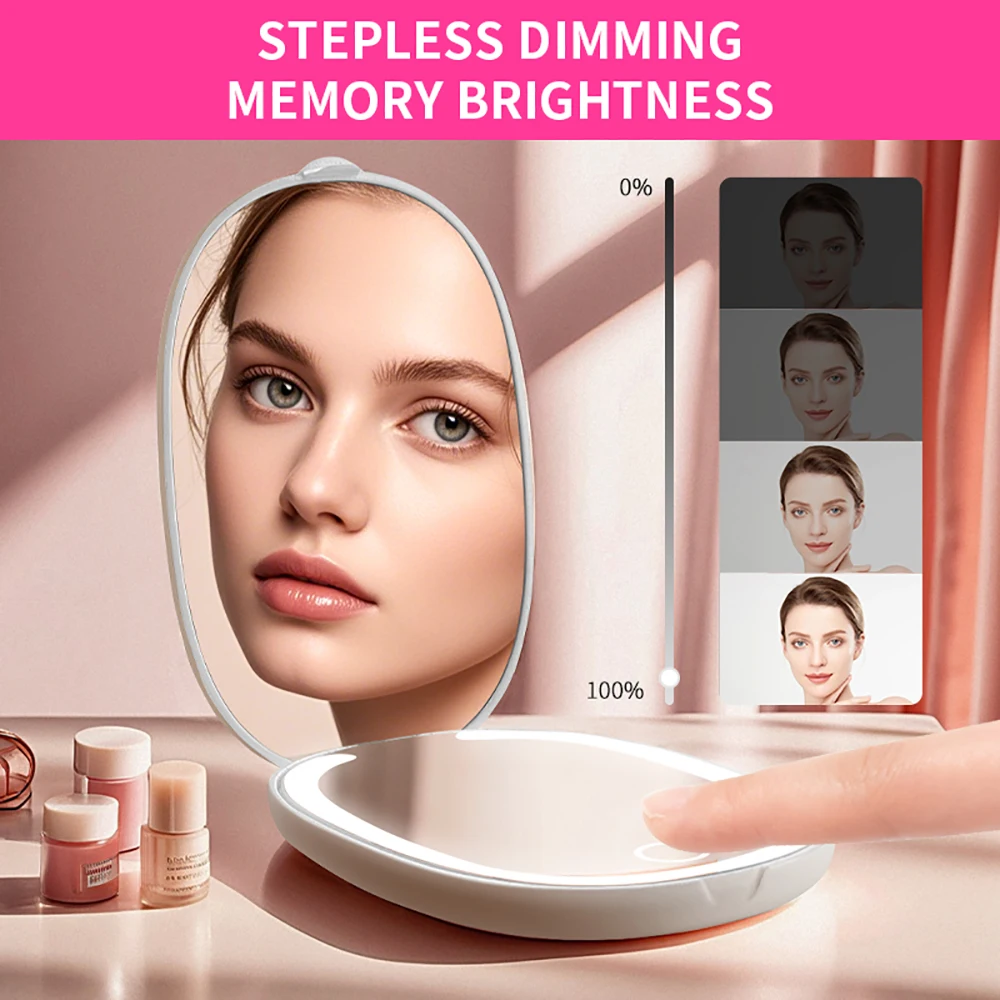 Flip Makeup Mirror with White Warm Dimmable LED Lights, 3X Magnification Oval Vanity Mirror, USB Rechargeable Portable Travel