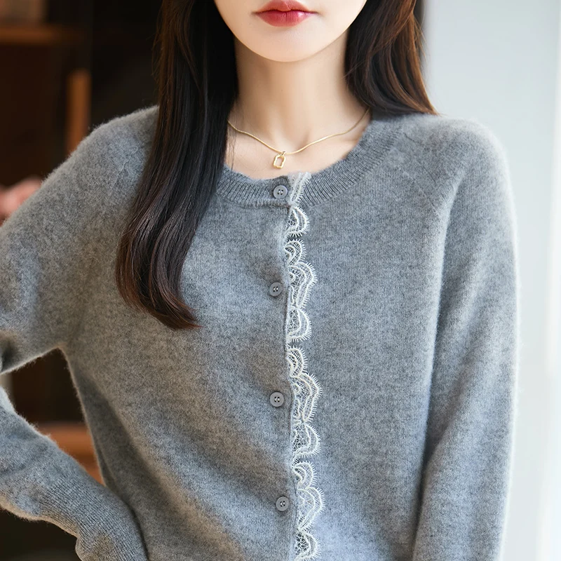 

Spring and Autumn Merino Wool Women's Cardigan Round Neck Long Sleeve Button Lace Edge Sweater Soft High Quality Loose Top