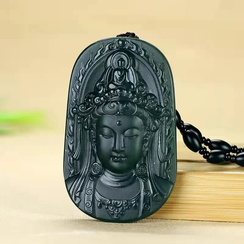

Mai Chuang/ Natural He Tian Cyan Jade Hand-carved Guanyin Head Necklace Pendant Fashionable men and Women Couple Peace Amulet