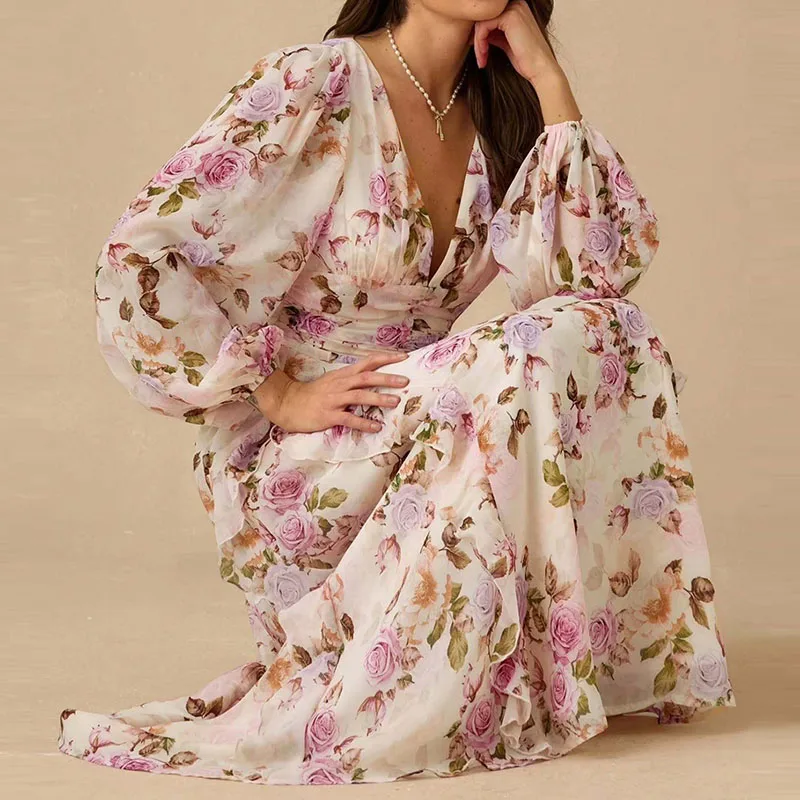 Ruffle Hem Maxi Dress Vertical View - Long Sleeve Floral Beach Dress for Spring Vacation