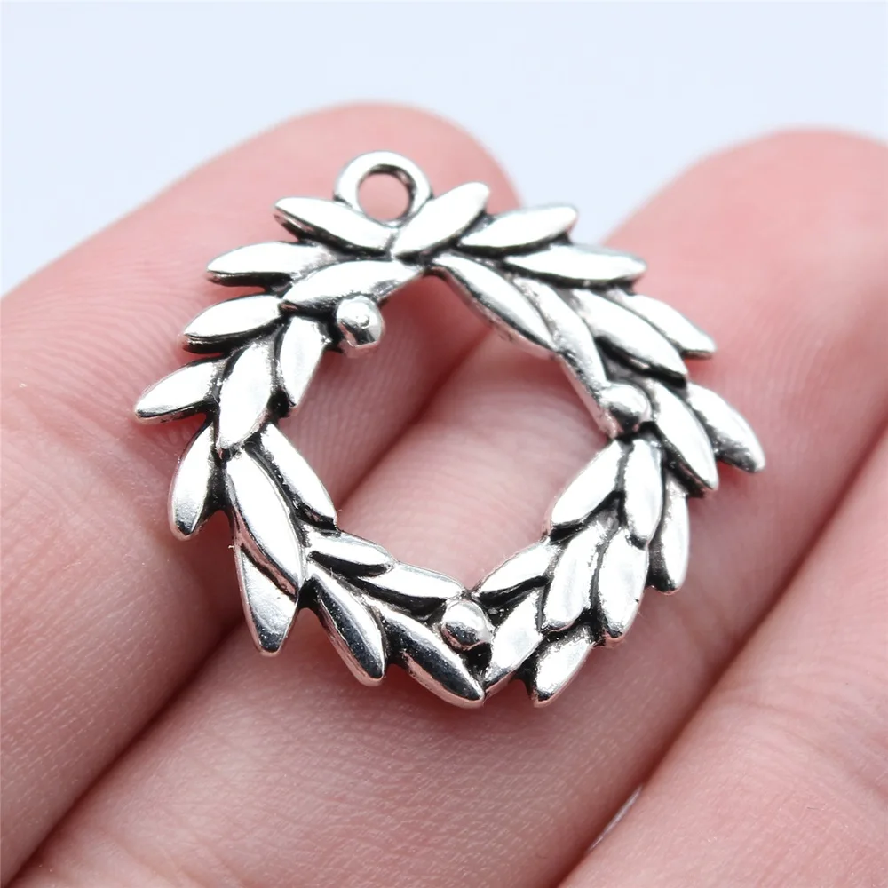 WYSIWYG 10pcs 25x27mm Antique Silver Color Olive Branch Circle Charms Pendant For DIY Jewelry Making