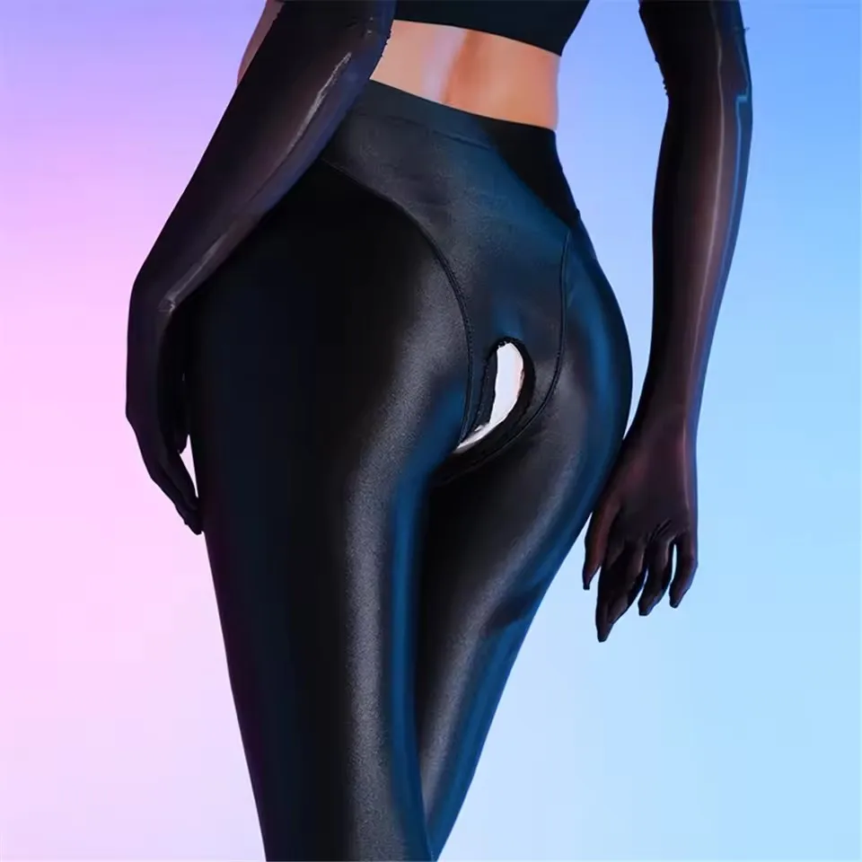 

Сексуальные колготки с открытой промежностью, гладкие шелковистые колготки с высокой талией для танцев на пилоне, тонкие узкие клубные костюмы, женское масляное глянцевое эластичное нижнее белье